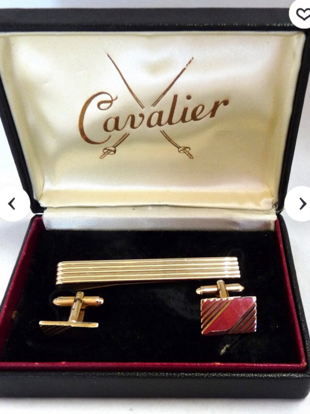 Vintage Cavalier tie clip cuff link set case mid century geometric gold tone